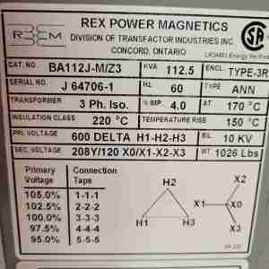 BA112J-M/Z3  REX 112KVA 600-120/208V 3PH ISO TRANSFORMER