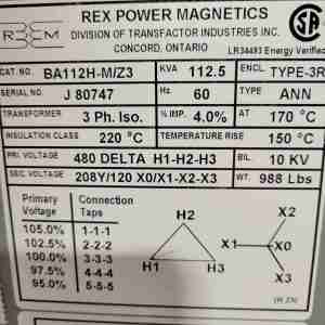 BA112H-M/Z3  REX 112KVA 480-120/208V 3PH ISO TRANSFORMER