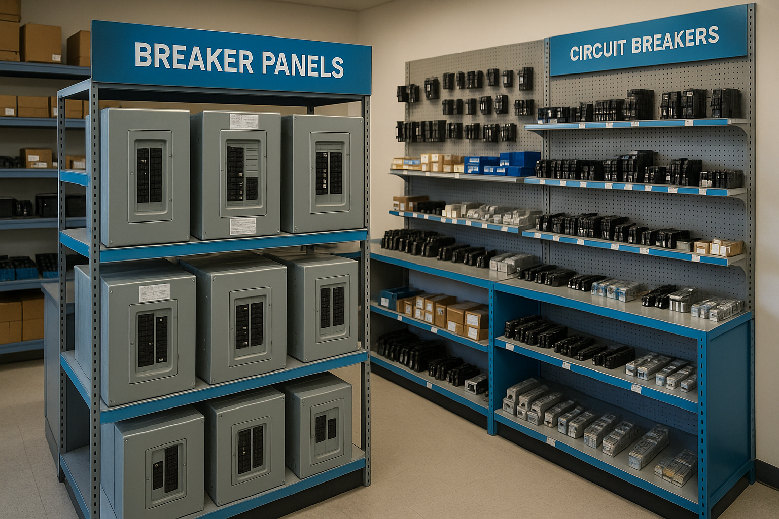 Shelves displaying electrical breaker panels and circuit breakers in a well-organized retail store, Alberta Breaker & Supply Co Ltd Calgary location.
