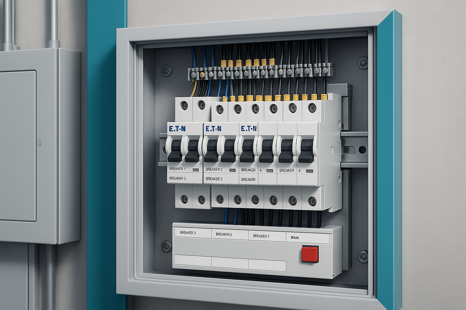 Close-up of a modern electrical breaker panel featuring several circuit breakers neatly installed, showcasing reliable breaker brands available in Alberta's top supply shops