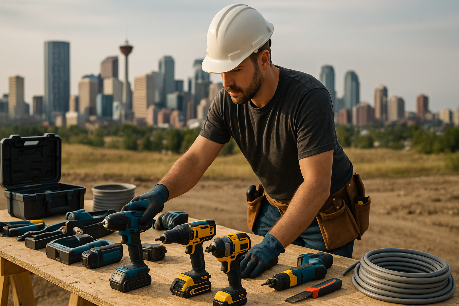 Electrician wearing a hard hat evaluates various power drill brands on a workbench with Calgary skyline in the background, displaying tools and electrical supplies outdoors