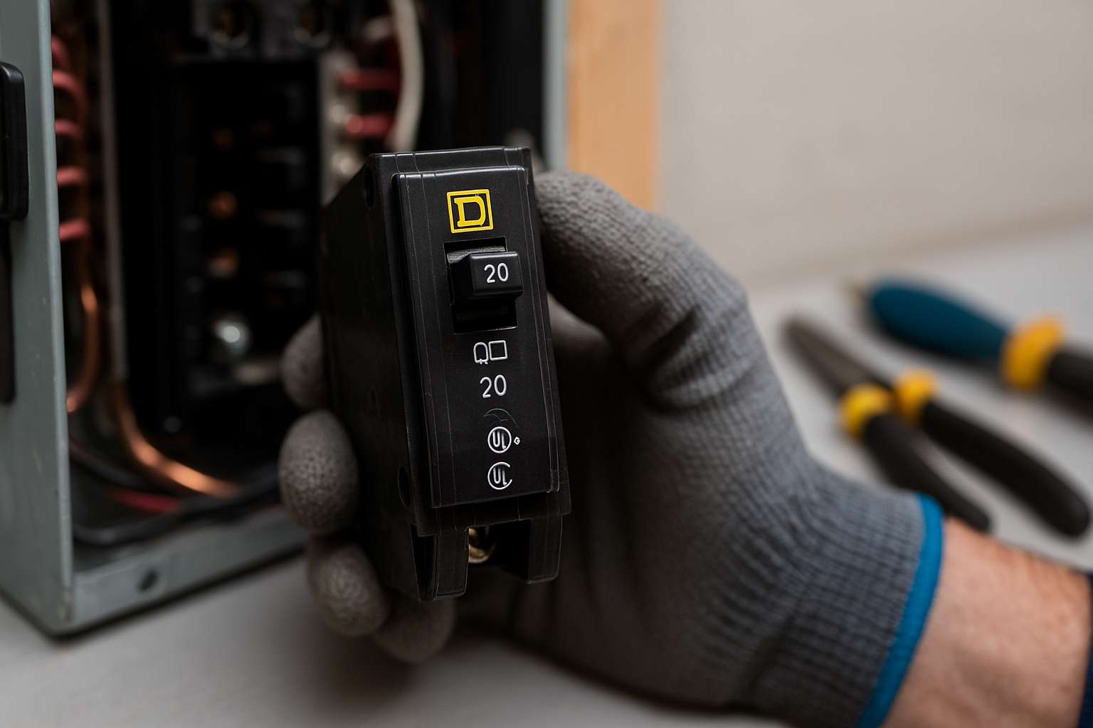 Electrician wearing safety gloves holding a top-rated circuit breaker in front of an open electrical panel, representing quality breaker brands available in Alberta
