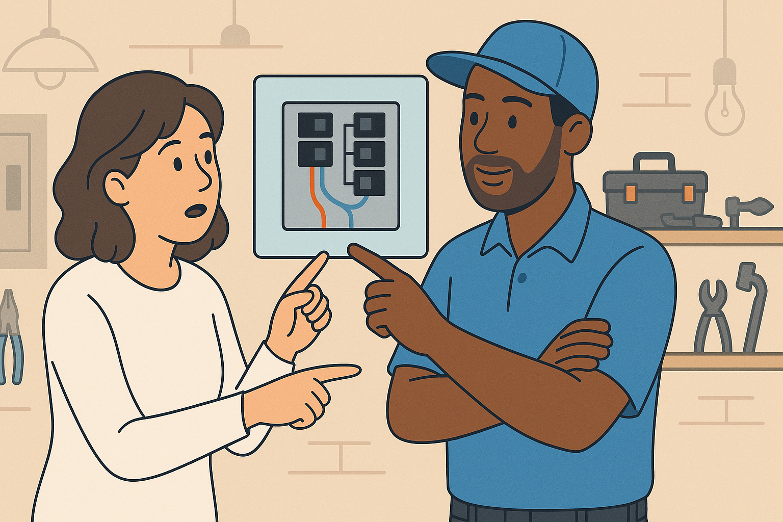 Electrician discussing breaker panel with customer in workshop setting, highlighting breaker matching services in Calgary and Edmonton