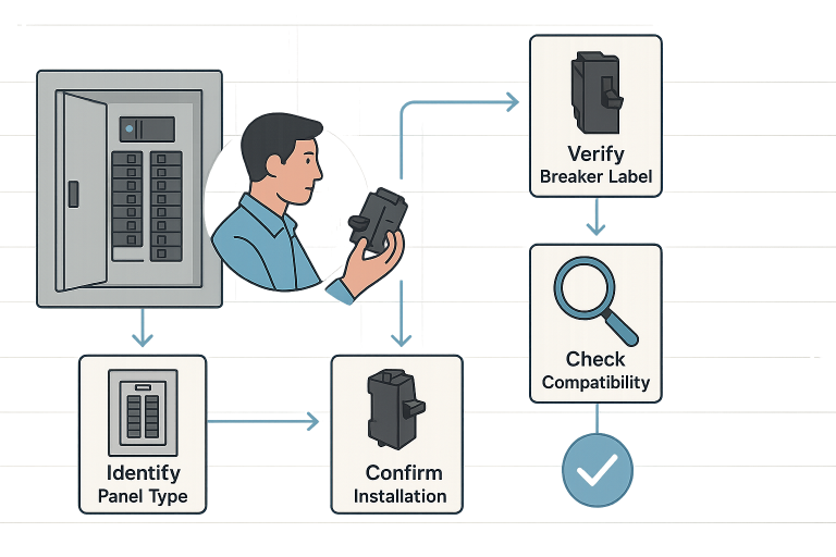 Illustration showing a technician comparing a circuit breaker against a panel, with labeled steps including identify panel type, verify breaker label, check compatibility, and confirm installation, highlighting the breaker matching services process.