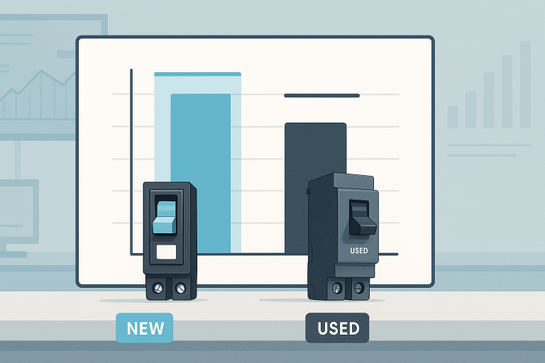 Illustration comparing a new and used circuit breaker placed in front of a bar graph, highlighting breaker matching services offered in Calgary and Edmonton