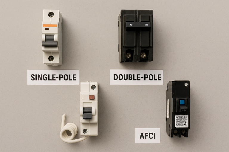 Four types of electrical circuit breakers labeled single pole double pole and AFCI arranged on a light background for breaker matching services at Alberta Breaker & Supply Co Ltd in Calgary and Edmonton