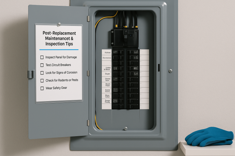 Open breaker panel with checklist of post-replacement maintenance and inspection tips including damage inspection, testing breakers, corrosion check and wearing safety gear, next to a pair of blue gloves