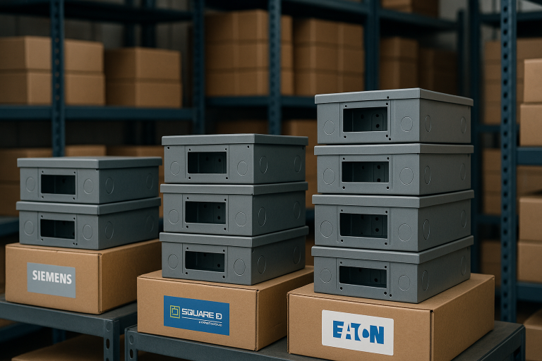 Stacks of commercial breaker panel boxes from Siemens, Square D, and Eaton on shelves in a warehouse, highlighting inventory ready for sale and shipping across Canada.