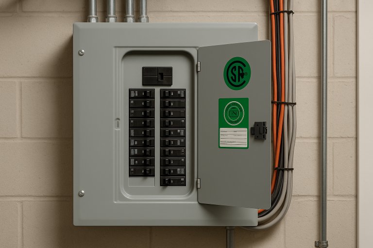 Mounted breaker panel with multiple circuit breakers and visible wiring in a commercial setting, compliant with safety standards, typical of installations in Calgary and Edmonton