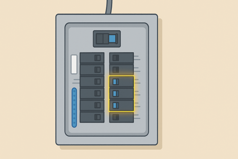 Illustration of an electrical breaker panel with multiple breakers highlighted, representing breaker matching services for reliable electrical solutions in Calgary and Edmonton