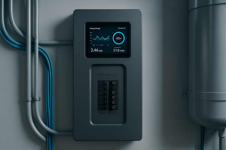 Modern electrical breaker panel with digital energy usage monitor display mounted on a wall, featuring multiple circuit breakers and visible conduit wiring.