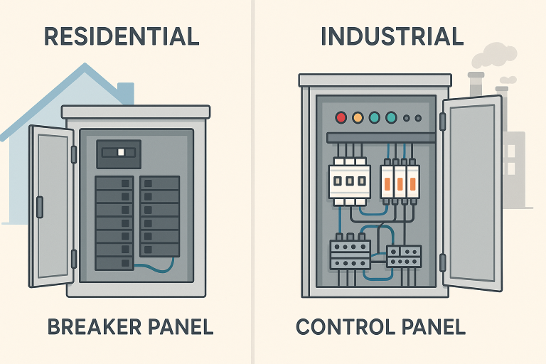Illustration comparing a residential breaker panel on the left with a house background and an industrial control panel on the right with a factory background, highlighting differences for electrical systems