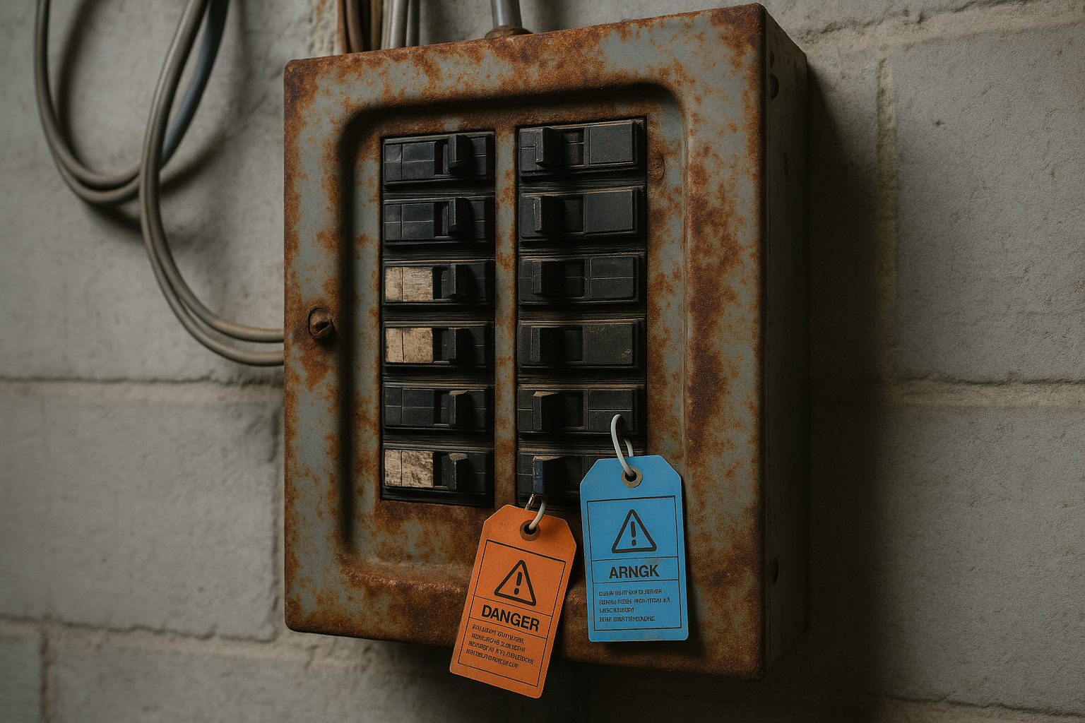 Old rusted commercial breaker panel mounted on a concrete wall with orange and blue safety tags attached to switches