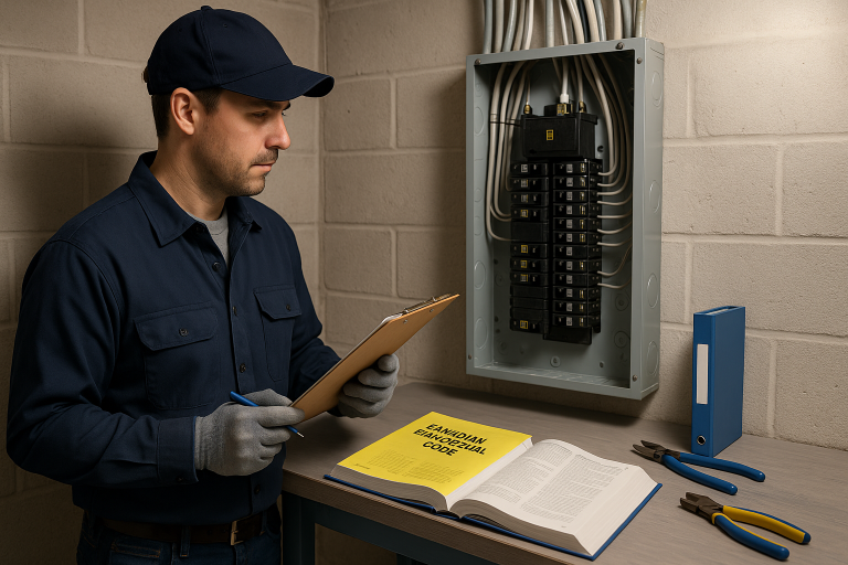 Electrician wearing blue uniform inspecting a Square D breaker panel in Alberta with Canadian Electrical Code book and tools on a table in a well-lit utility room.