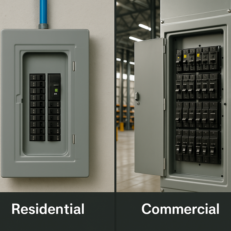 Side by side view of residential and commercial Square D breaker panels, showing circuit breakers installed in gray metal enclosures, highlighting options available in Alberta