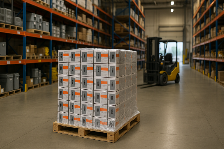 Pallet of boxed circuit breakers wrapped in plastic on warehouse floor with forklift and shelving in the background at Alberta Breaker & Supply Co Ltd