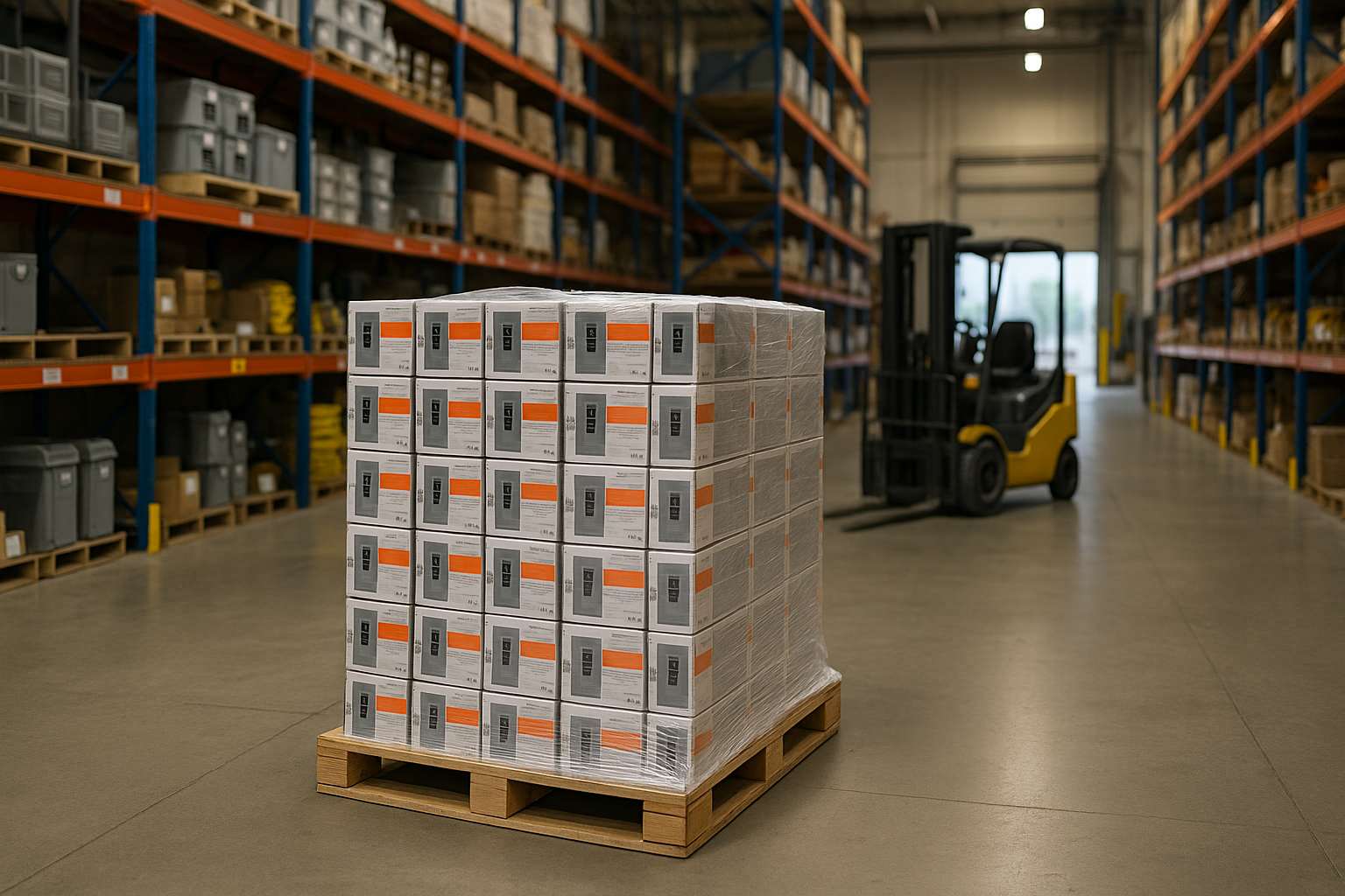 Pallet of boxed circuit breakers wrapped in plastic on warehouse floor with forklift and shelving in the background at Alberta Breaker & Supply Co Ltd