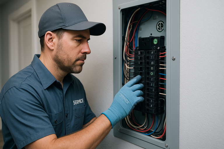 Electrician in uniform and gloves examining CSA approved circuit breakers inside a panel, ensuring electrical safety at a commercial location.