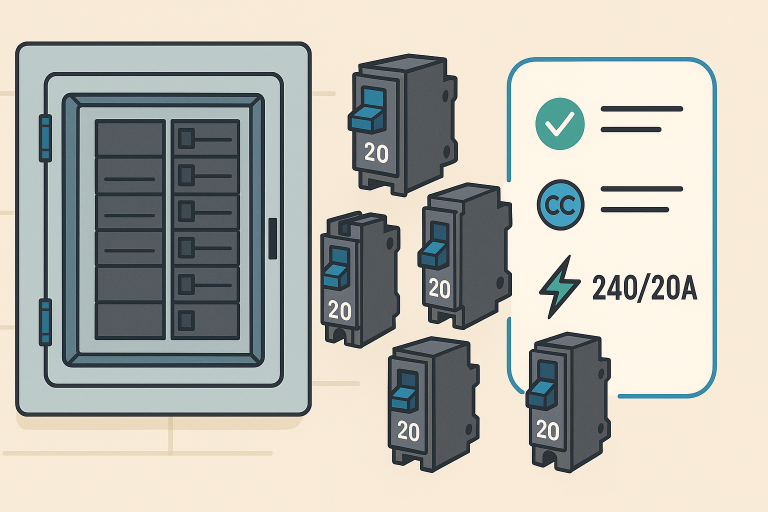 Illustration of a circuit breaker panel with multiple 20 amp circuit breakers and electrical specs, representing breaker options available from a supplier in Calgary and Edmonton