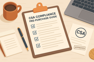 CSA compliance pre-purchase checklist on clipboard beside CSA approved document, notepad, pen, laptop, and coffee cup on office desk representing CSA Approved Circuit Breakers in Calgary and Edmonton