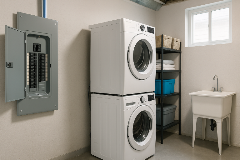 CSA approved electrical circuit breaker panel installed in a modern residential laundry room in Calgary with washing machine dryer shelving and utility sink
