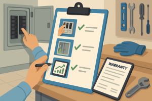 Technician reviewing electrical panel upgrade checklist with warranty papers on workbench, surrounded by tools in a shop setting