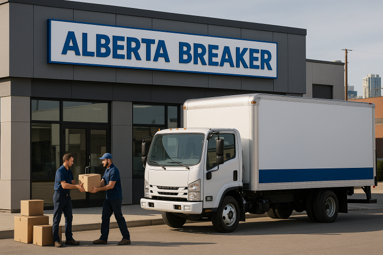 Delivery team handling boxes beside a truck outside Alberta Breaker & Supply Co Ltd store, ready for circuit breaker order shipments in Calgary and Edmonton