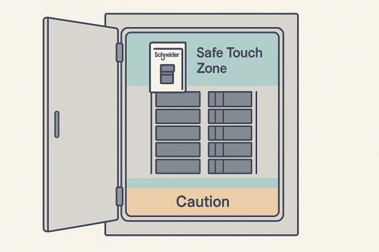 Illustration of an open electrical panel featuring a Schneider breaker, labeled safe touch zone and caution area, designed to communicate electrical safety best practices.
