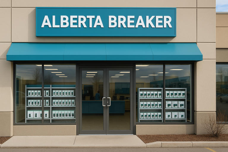 Exterior view of Alberta Breaker & Supply Co Ltd store showing the entrance and display shelves with electrical breaker boxes, representing Schneider Breakers Canada with services in Calgary and Edmonton.