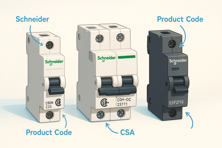 Three Schneider electric breakers with product codes and CSA markings, illustrating how to identify Schneider Breakers for customers in Canada